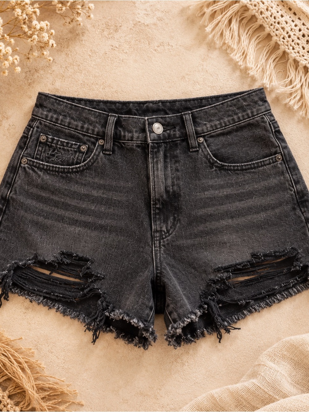 American Eagle High-Rise Distressed Black Denim Cutoff Shorts